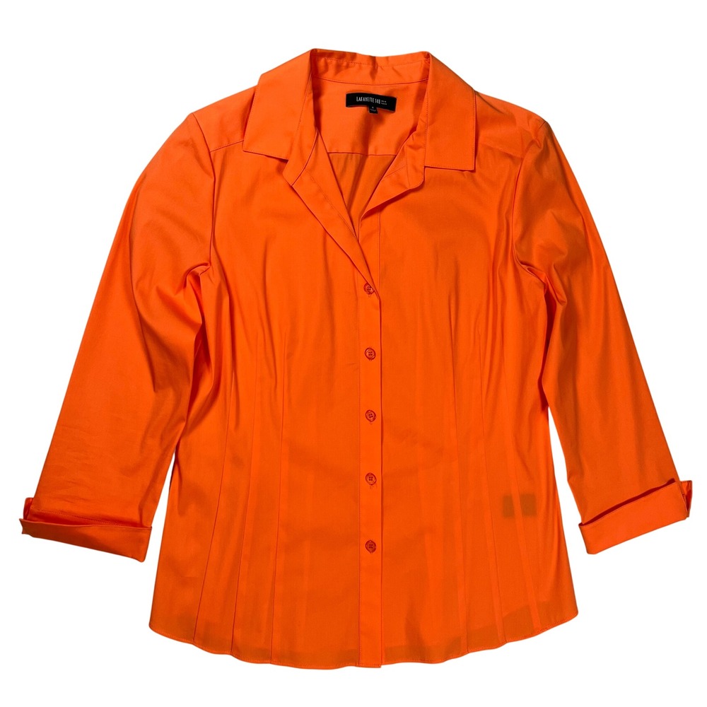 Lafayette 148 NY Button Up Shirt Womens Sz 4 Orange Pintuck 3/4 Sleeve Stretch - Picture 2 of 8